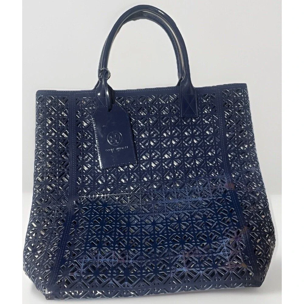 Tory Burch Navy Laser Cut PVC Patent Tote Shopper Beach Bag Geometric Large